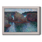 Impressionist rocky seascape by Claude Monet printed on canvas in an ornate weathered white frame.