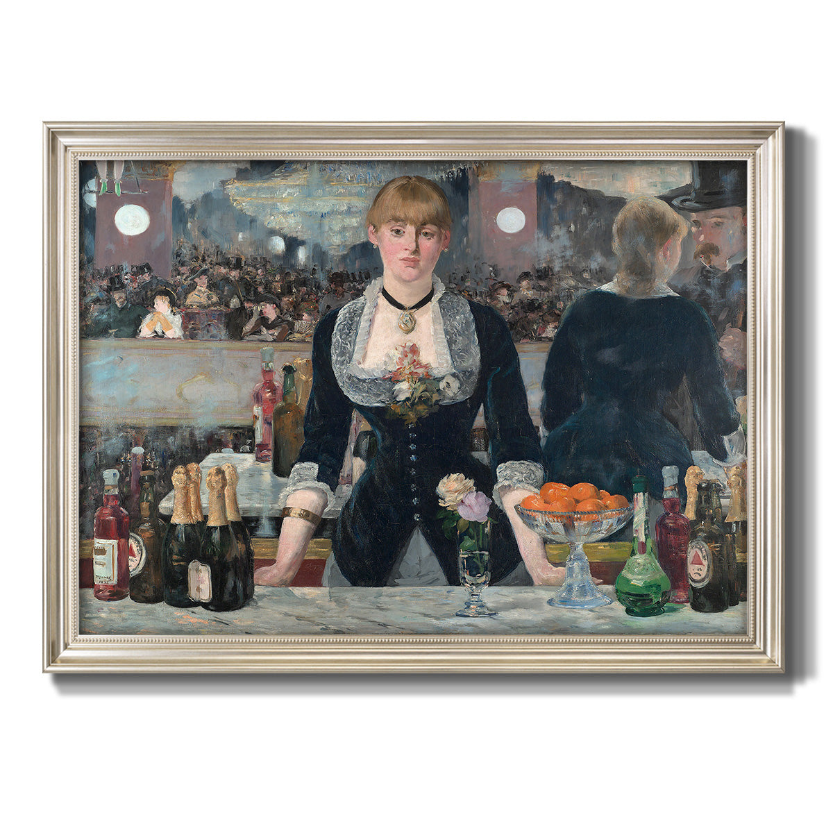 Iconic impressionist café bar scene by Édouard Manet printed on canvas in an ornate champagne frame.
