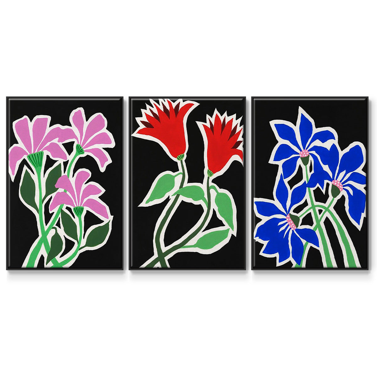 Pop Flowers IV - Framed Premium Gallery Wrapped Canvas L Frame 3 Piece Set - Ready to Hang