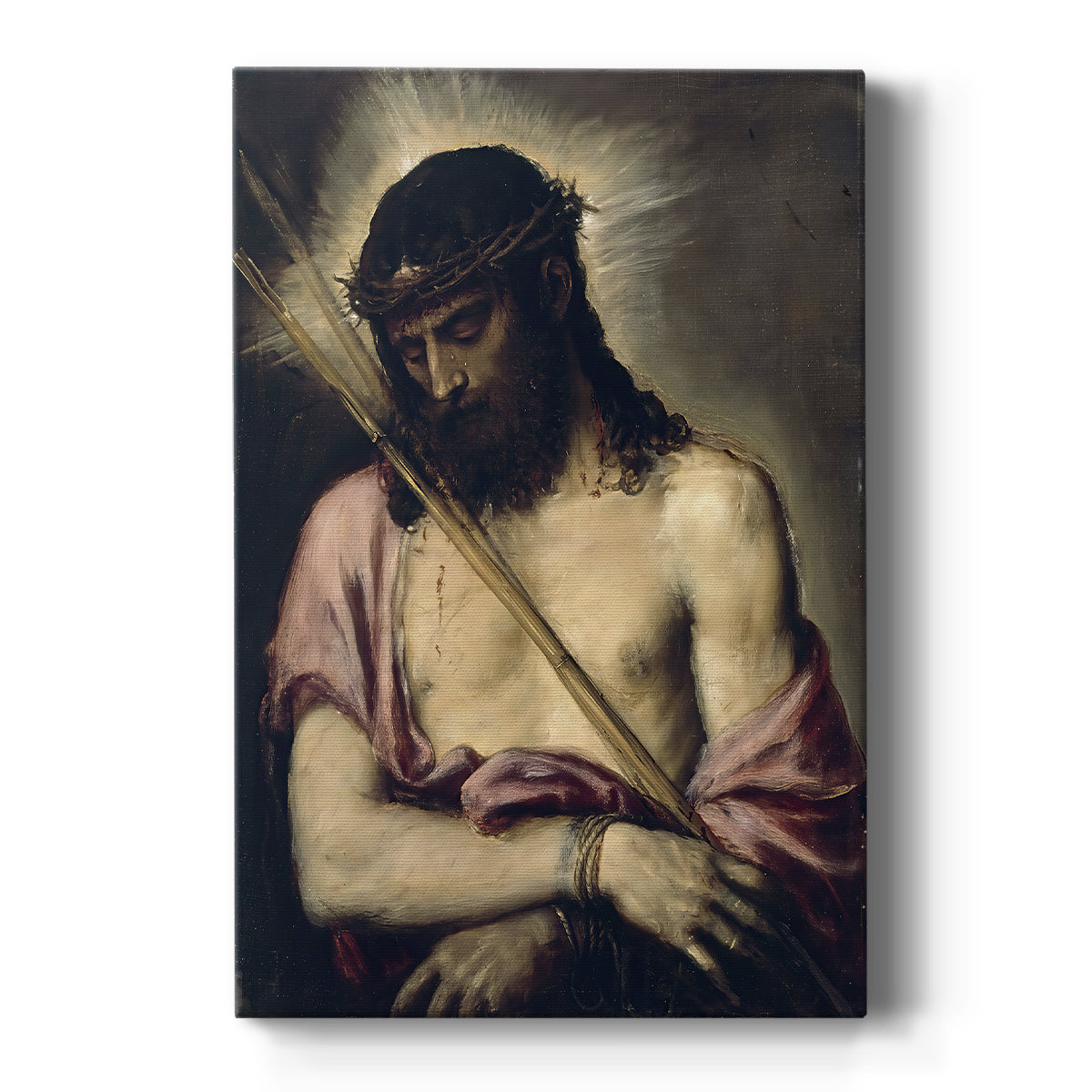 Canvas art print featuring a Renaissance portrait of Christ with downcast gaze in soft dramatic light on a clean white background.