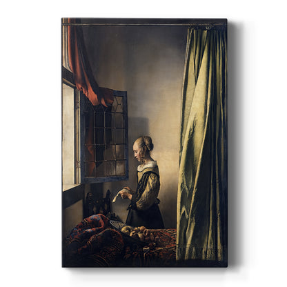 Canvas art print featuring a Baroque interior of a woman reading a letter beside an open window on a clean white background.