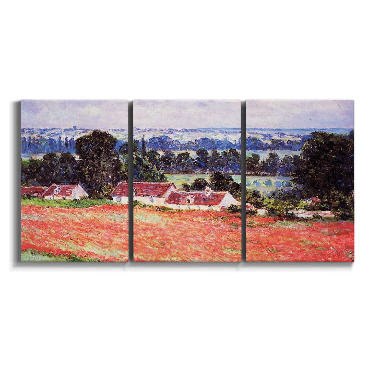 Three-panel canvas wall art featuring poppy field at giverny in bloom on white background.
