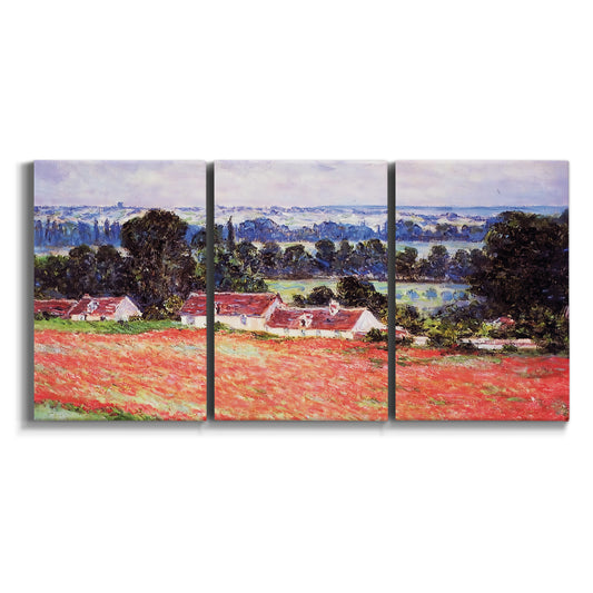 Three-panel canvas wall art featuring poppy field at giverny in bloom on white background.