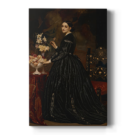 Canvas art print featuring a classical portrait of a woman in dark attire with refined posture and soft light on a clean white background.