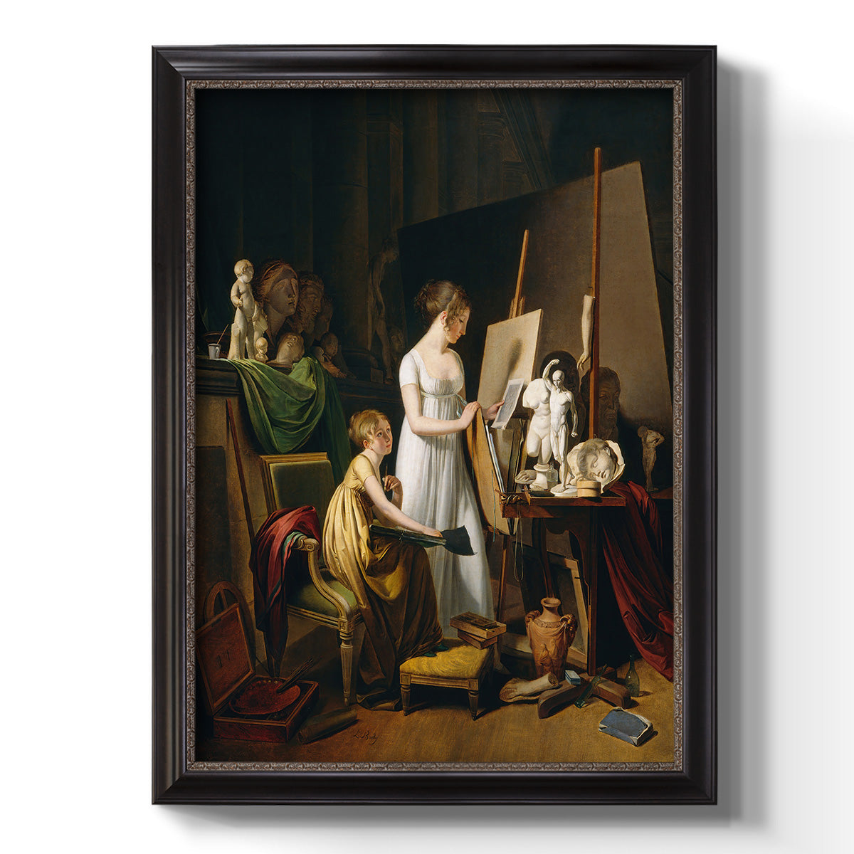Classical interior painting of an artist at work by Louis-Leopold Boilly printed on canvas in an ornate bronzed mahogany wood frame with a vertical orientation.
