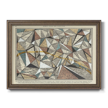 Modern abstract map artwork of Paris printed on canvas in an ornate traditional bronze frame.
