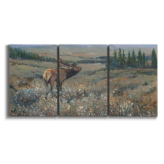 Three-panel canvas wall art featuring western wildlife grazing in open field on white background.