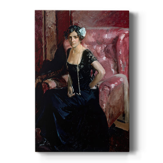 Canvas art print featuring an impressionist portrait of a woman in an elegant evening dress with soft light on a clean white background.