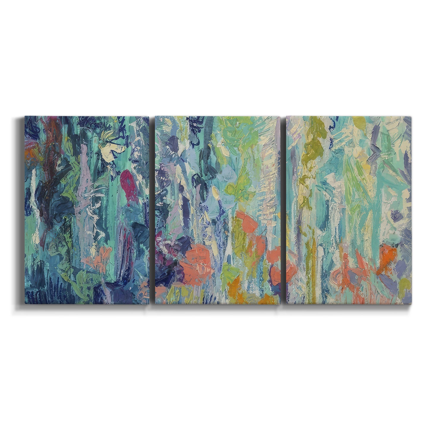 Three-panel canvas wall art featuring abstract rainfall with butterfly forms on white background.