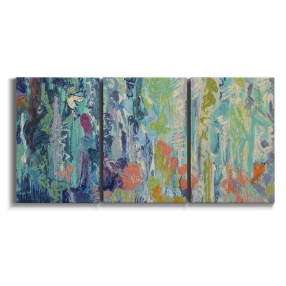 Three-panel canvas wall art featuring abstract rainfall with butterfly forms on white background.