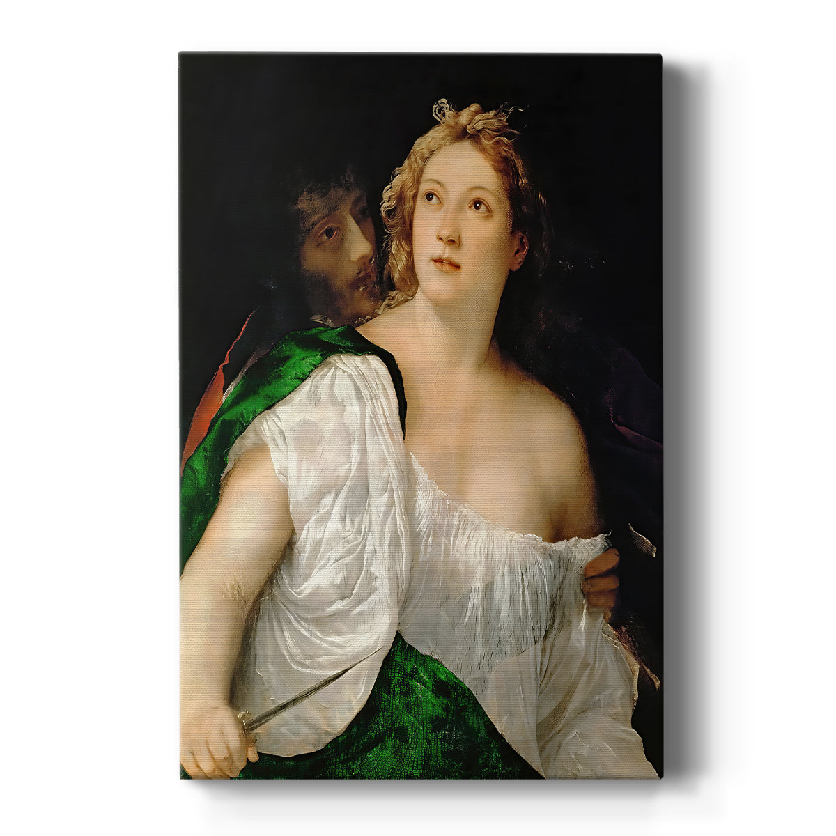 Canvas art print featuring a Renaissance scene of two figures in a dramatic interior with rich tones on a clean white background.