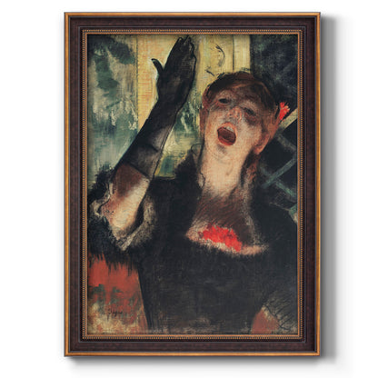Impressionist portrait of a café singer by Edgar Degas printed on canvas in an ornate weathered white frame with a vertical orientation.