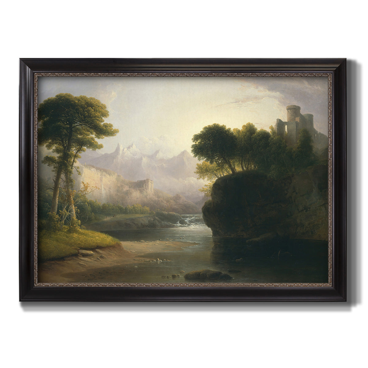 Romantic autumn landscape along the Hudson River by Thomas Doughty printed on canvas in an ornate black frame with gilded inner detail.