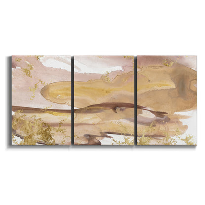 Three-panel canvas wall art featuring layered abstract dawn tones on white background.