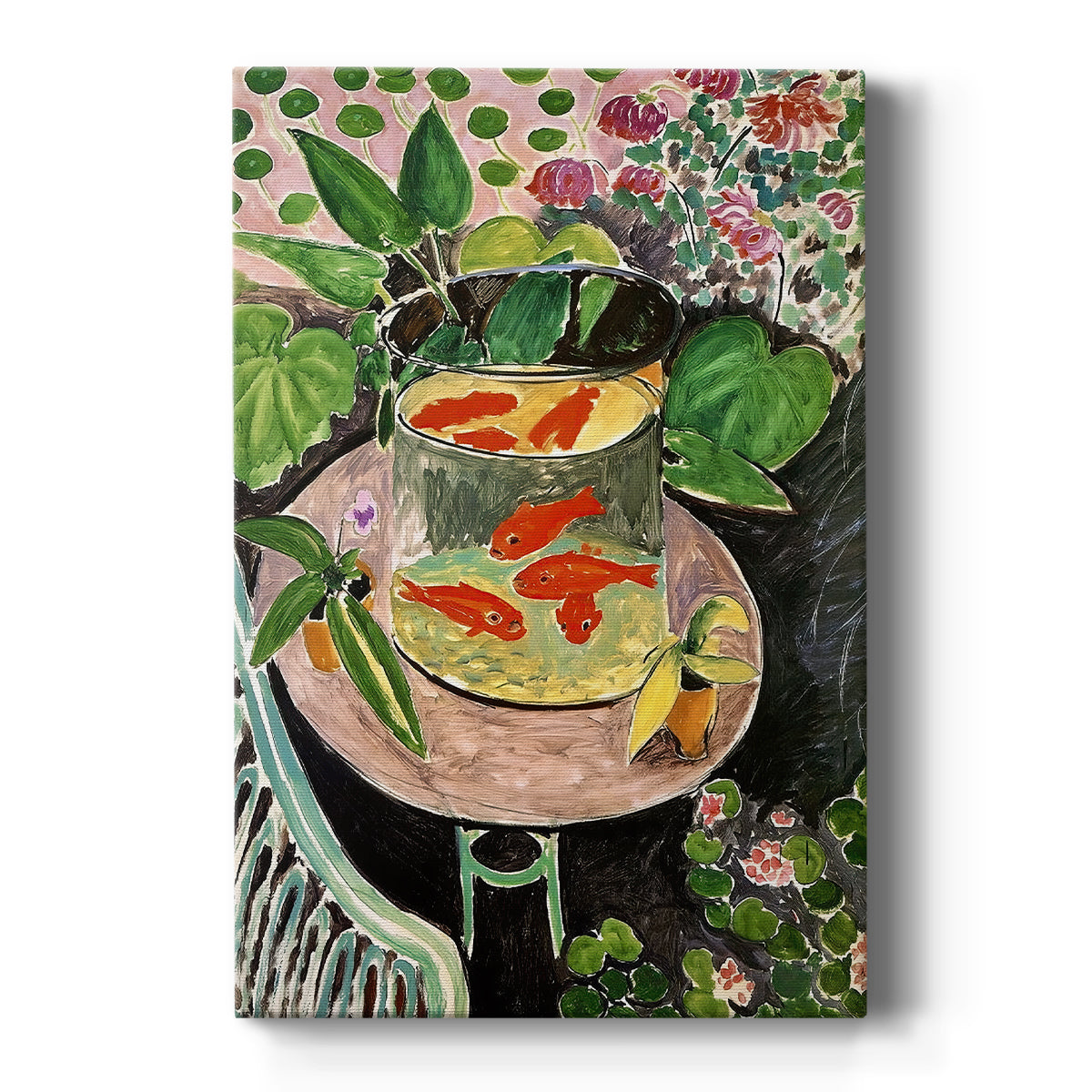 Canvas art print featuring a fauvist still life of goldfish in a bowl with vibrant color and pattern on a clean white background.
