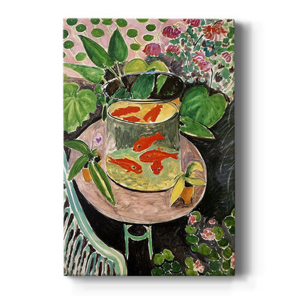 Canvas art print featuring a fauvist still life of goldfish in a bowl with vibrant color and pattern on a clean white background.