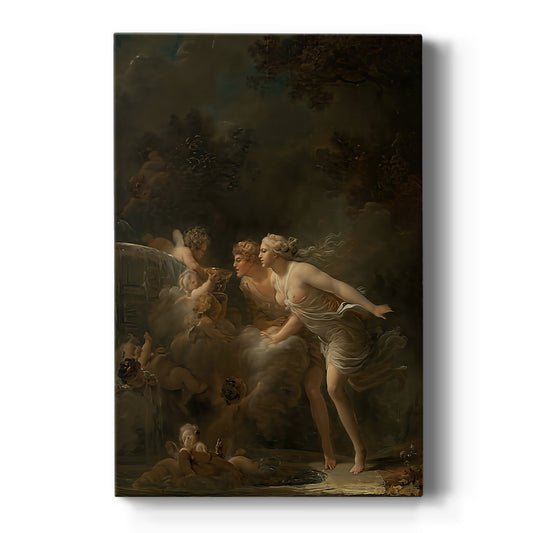 Canvas art print featuring a Rococo garden scene of figures gathered near a decorative fountain of cupids on a clean white background.