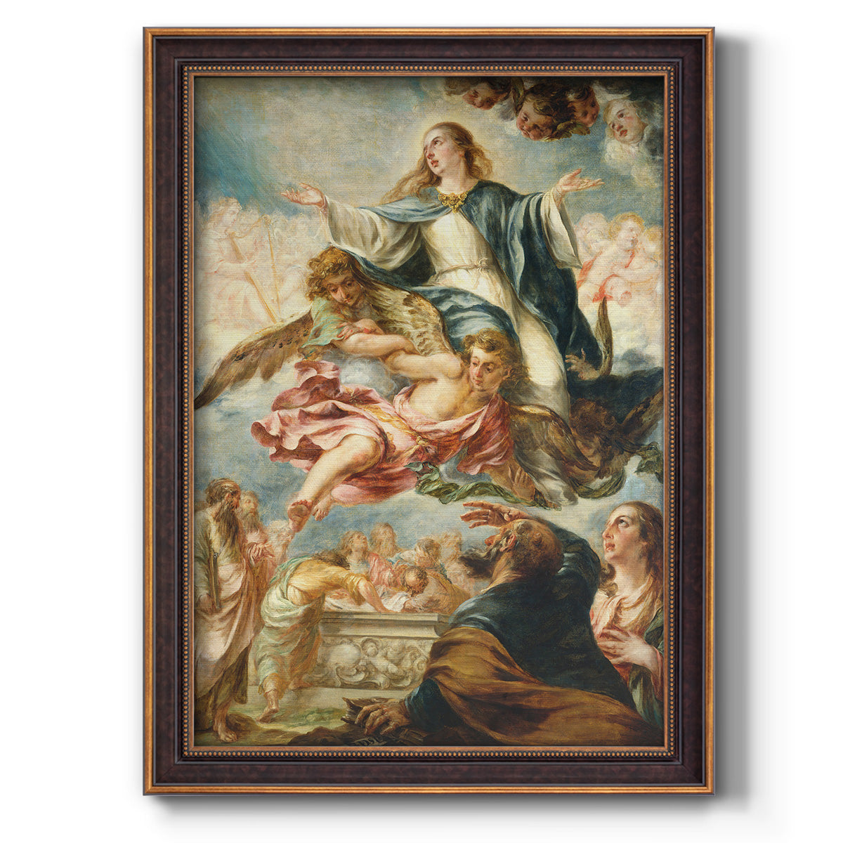 Religious painting of the Assumption of the Virgin Mary by Juan de Valdés Leal printed on canvas in an ornate bronzed mahogany wood frame with a vertical orientation.