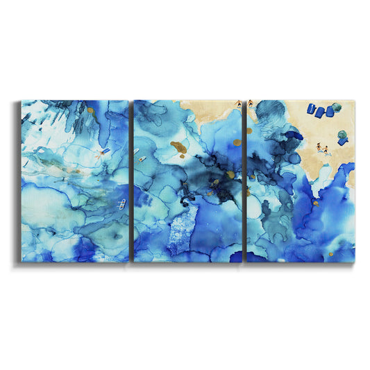 Three-panel canvas wall art featuring abstract coastal beach color fields on white background.