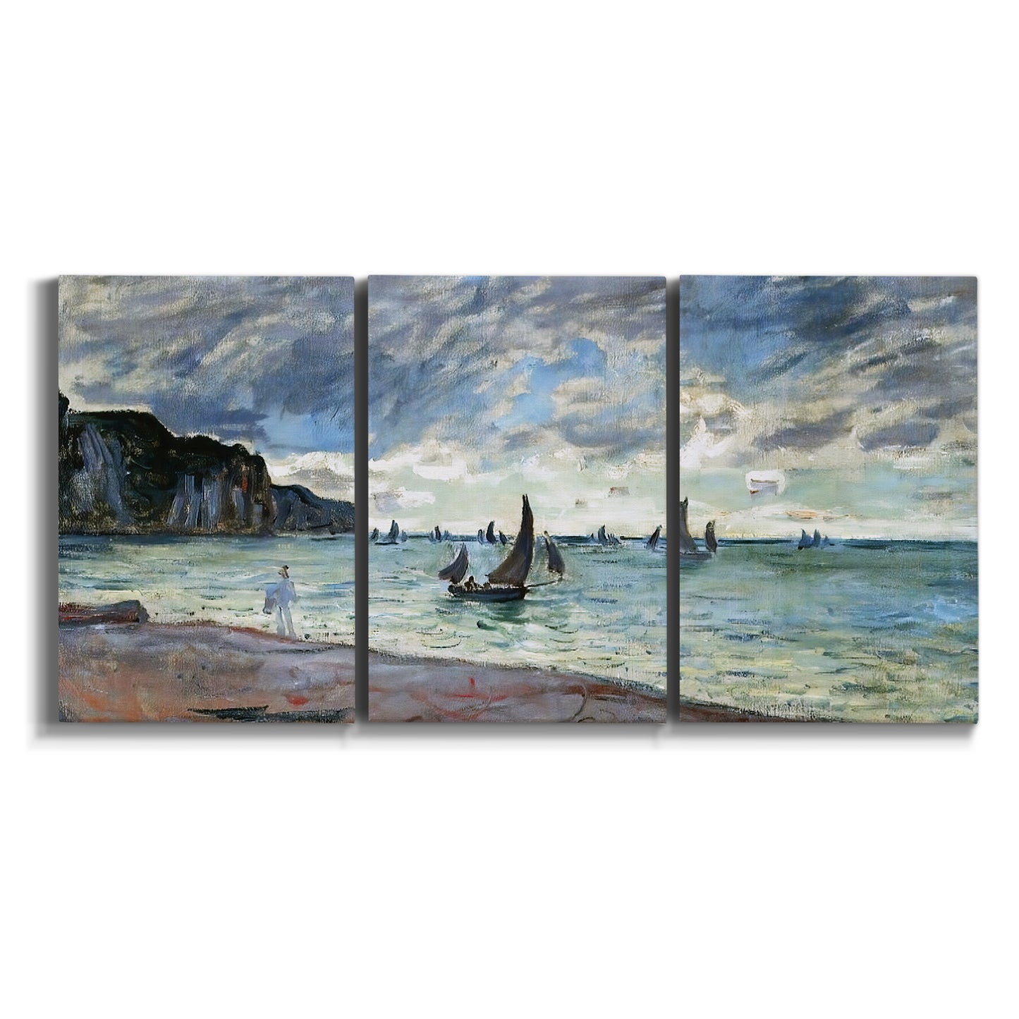 Three-panel canvas wall art featuring figures walking along sandy shoreline on white background.