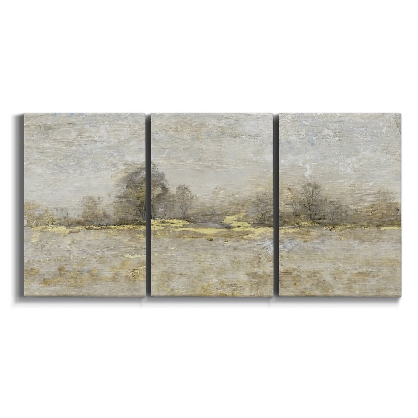 Three-panel canvas wall art featuring late season rural harvest fields on white background.