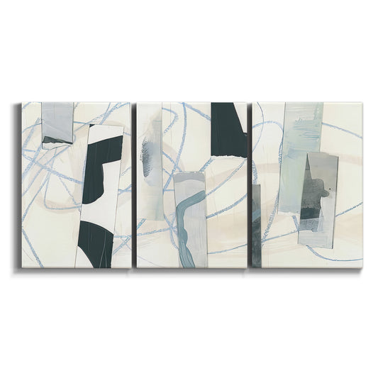 Three-panel canvas wall art featuring interwoven icy abstract linear forms on white background.