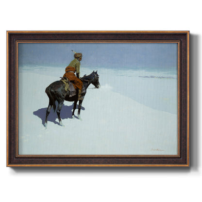 Impressionist western scout scene by Frederic Remington printed on canvas in an ornate bronzed mahogany wood frame.