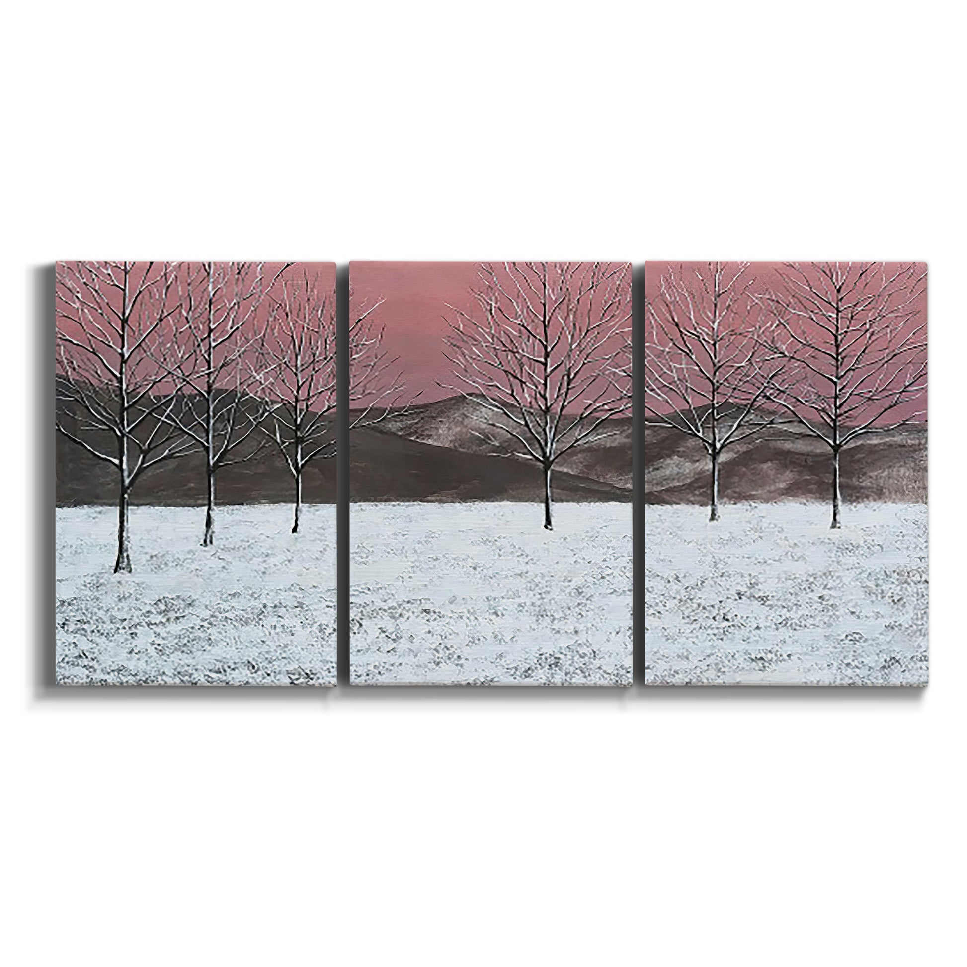 Three-panel canvas wall art featuring winter sunset snowfall landscape on white background.
