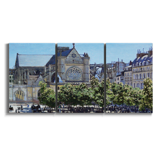 Three-panel canvas wall art featuring gothic church within city setting on white background.