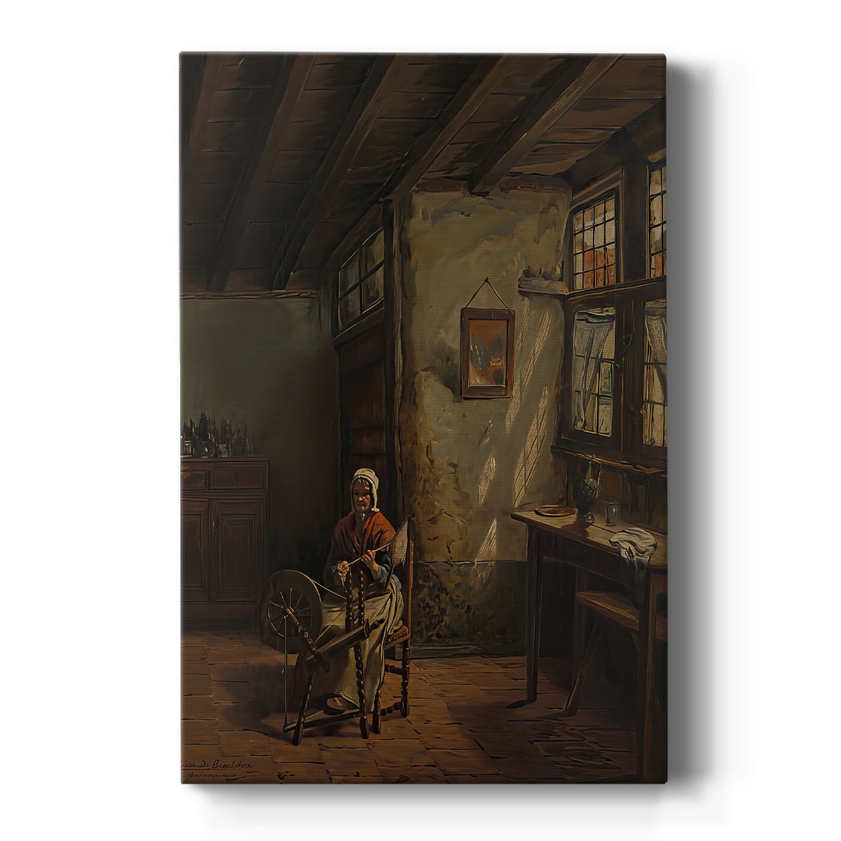 Canvas art print featuring a realistic interior scene of a woman spinning thread in soft light on a clean white background.