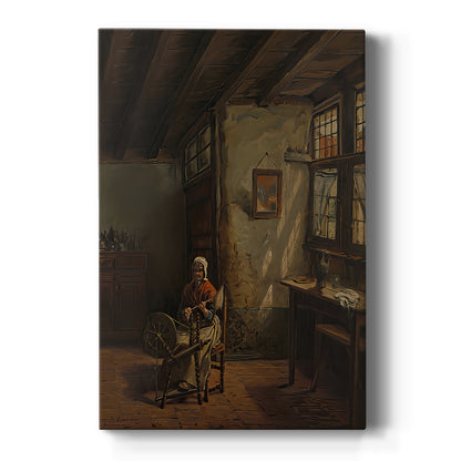 Canvas art print featuring a realistic interior scene of a woman spinning thread in soft light on a clean white background.