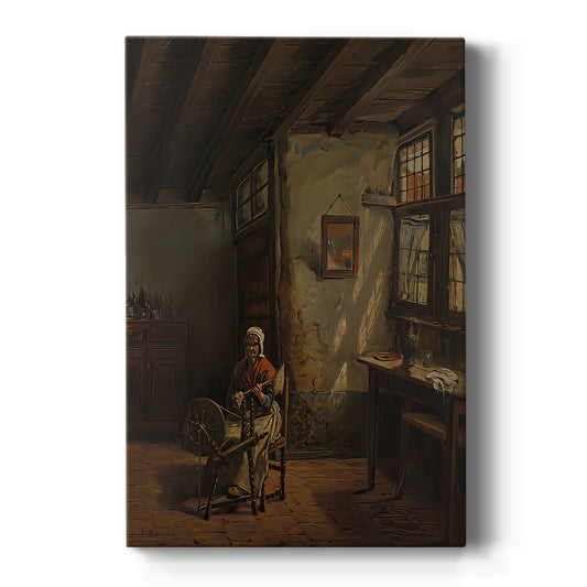Canvas art print featuring a realistic interior scene of a woman spinning thread in soft light on a clean white background.