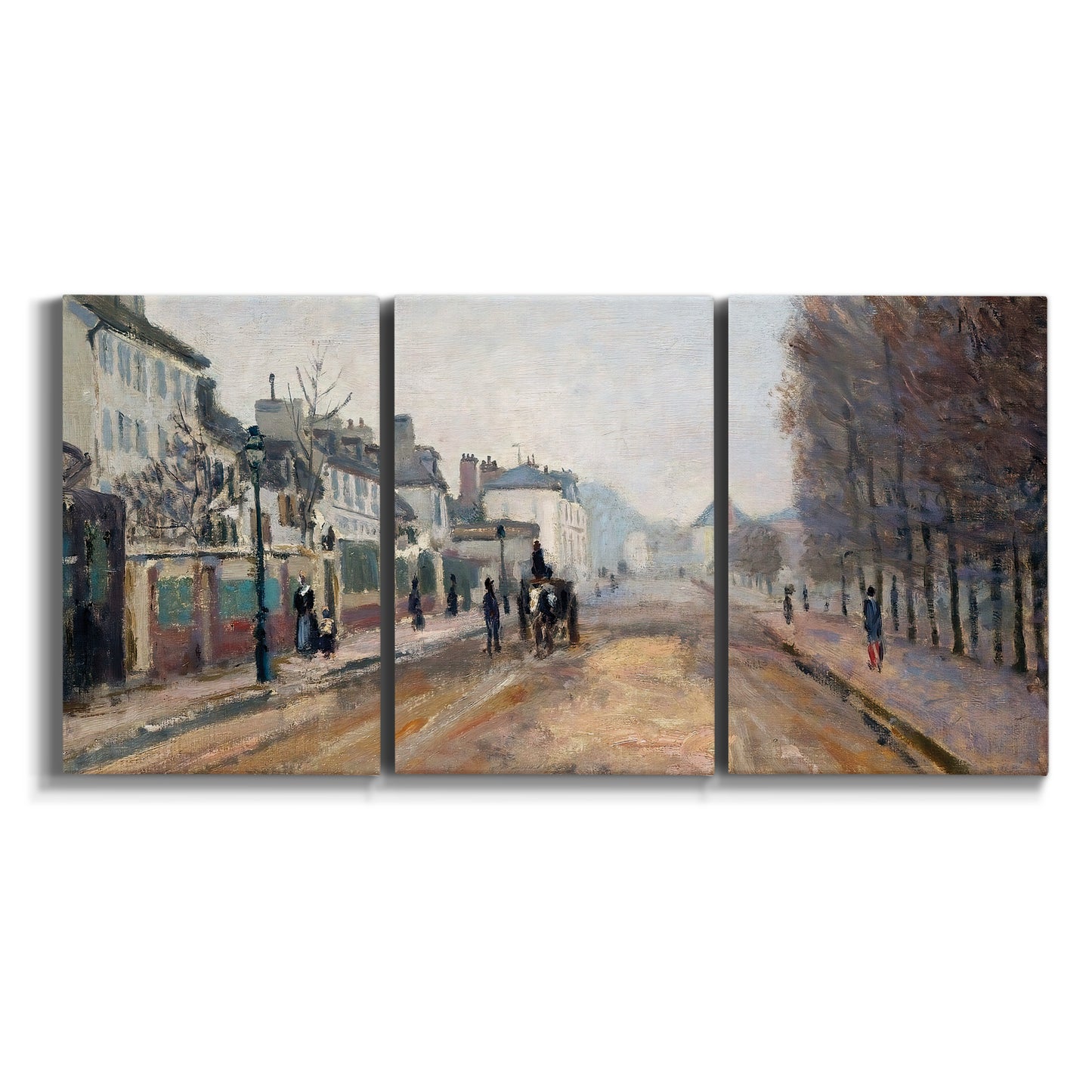 Three-panel canvas wall art featuring tree lined boulevard in town on white background.