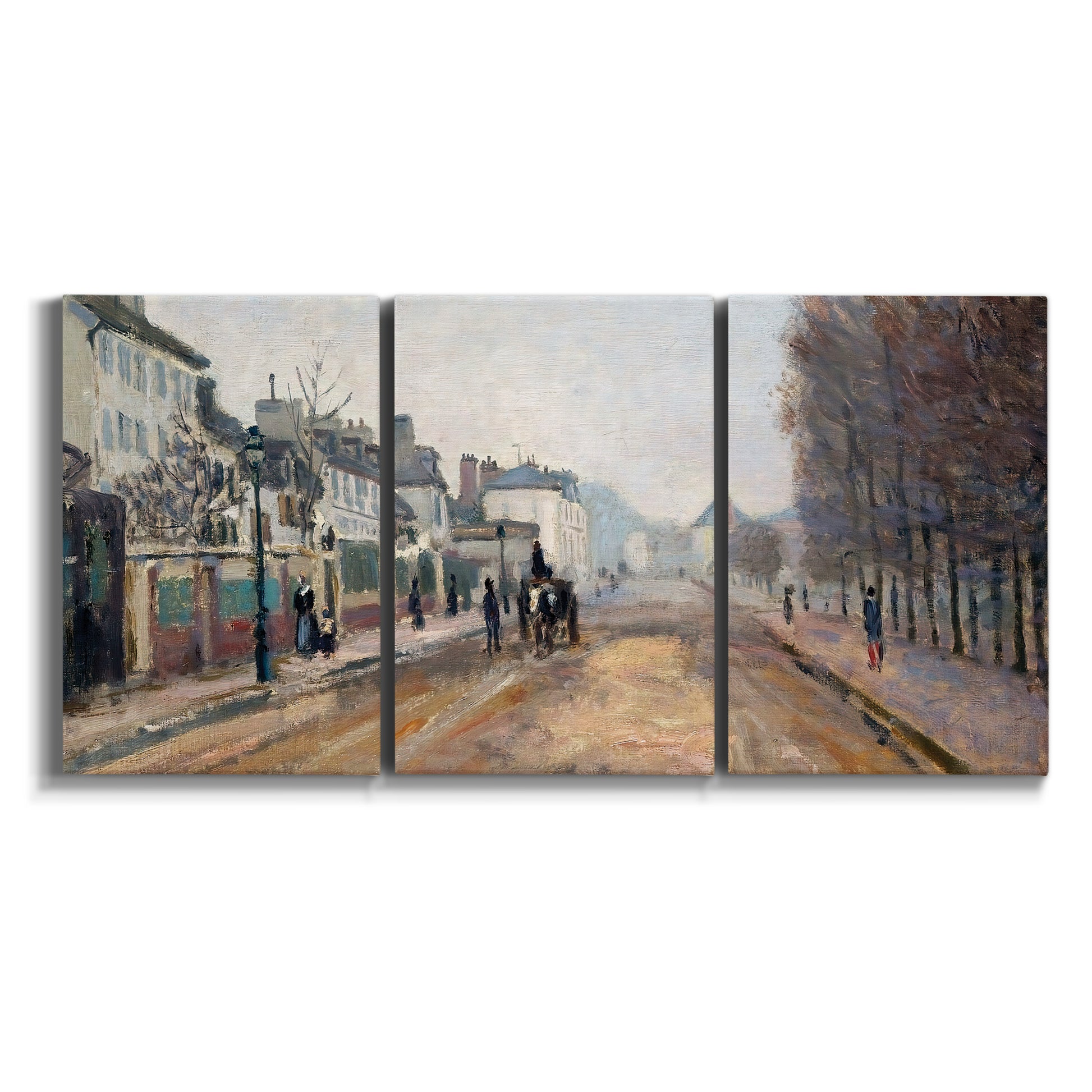 Three-panel canvas wall art featuring tree lined boulevard in town on white background.