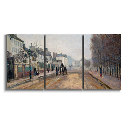 Three-panel canvas wall art featuring tree lined boulevard in town on white background.