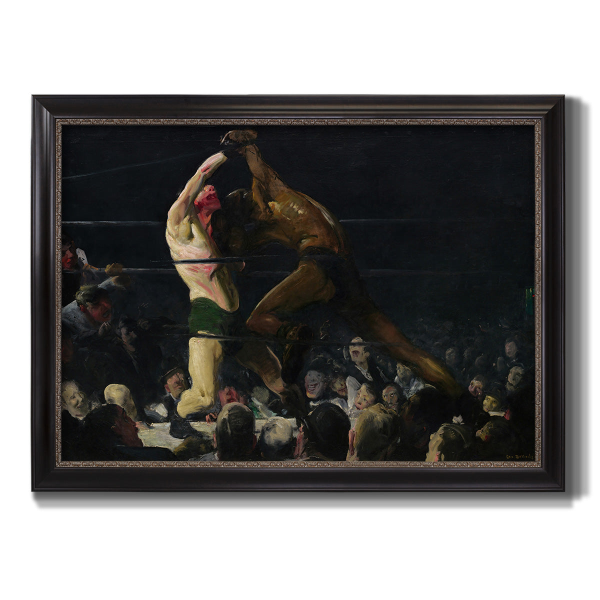 American genre painting of men in a social club by George Bellows printed on canvas in an ornate black frame with gilded inner detail.