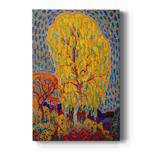 Canvas art print featuring an expressionist landscape of a tree with vibrant autumn color on a clean white background.