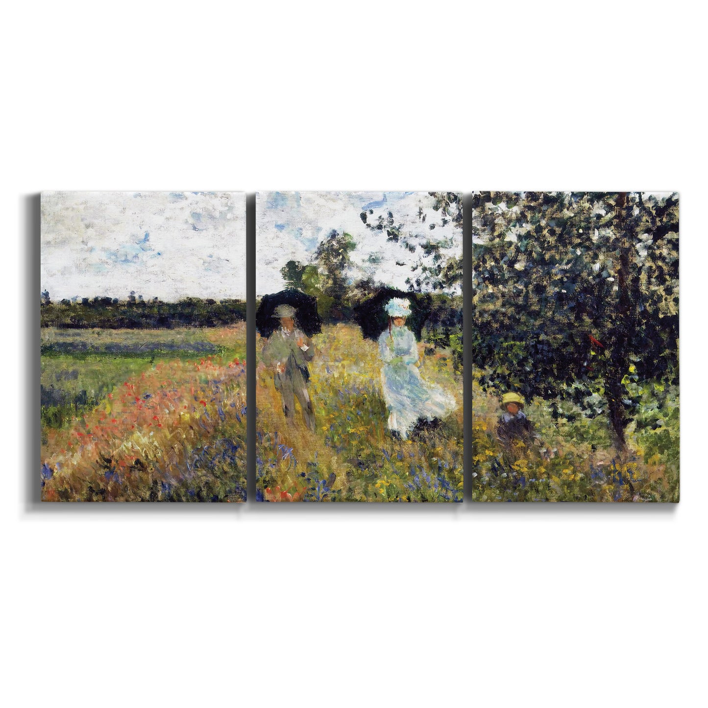 Three-panel canvas wall art featuring figures walking along riverbank on white background.