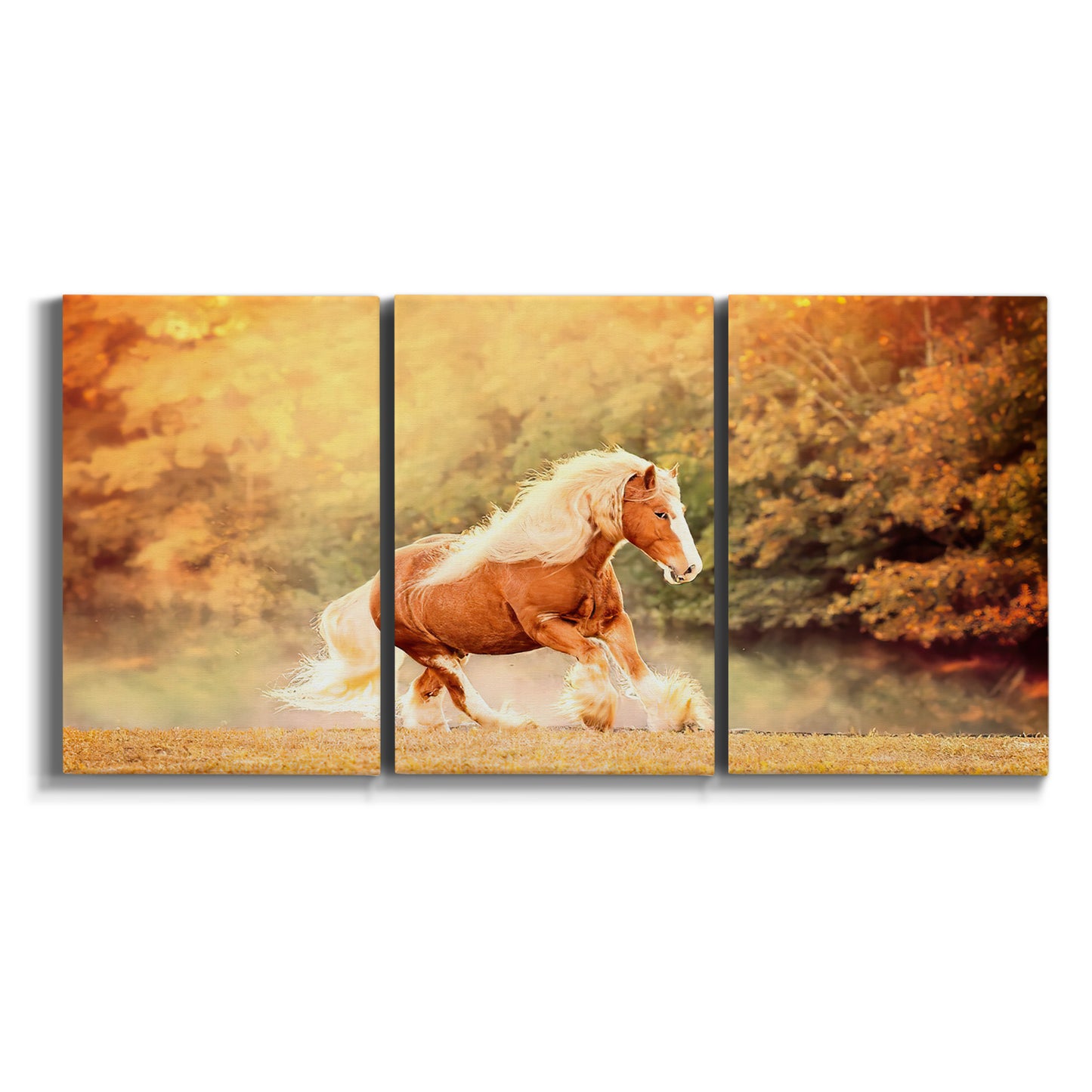 Three-panel canvas wall art featuring running horses captured in motion on white background.