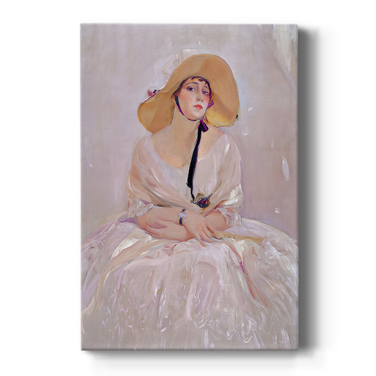 Canvas art print featuring an impressionist portrait of a woman in a pink dress with soft luminous light on a clean white background.