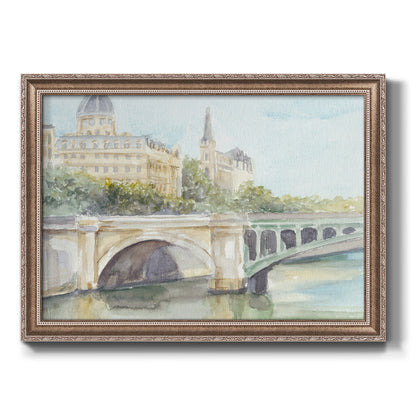 Classical watercolor painting of a French bridge printed on canvas in an ornate traditional silver frame.