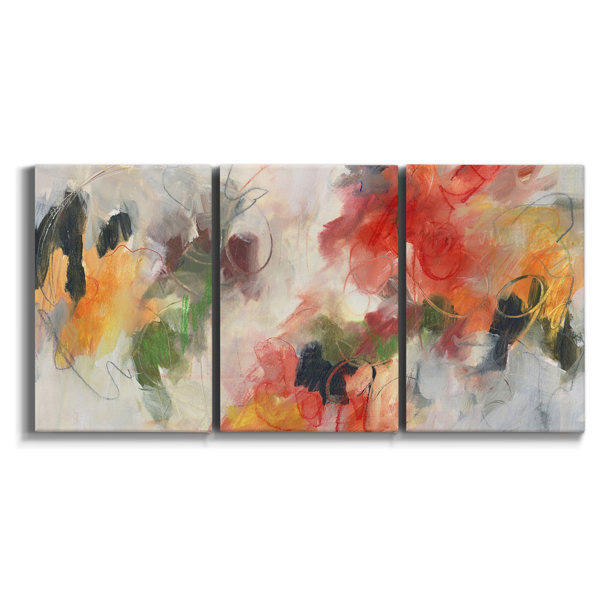 Three-panel canvas wall art featuring abstract floral color composition on white background.