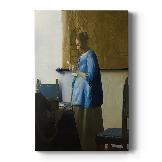 Canvas art print featuring a Baroque interior of a woman reading a letter in a blue dress on a clean white background.