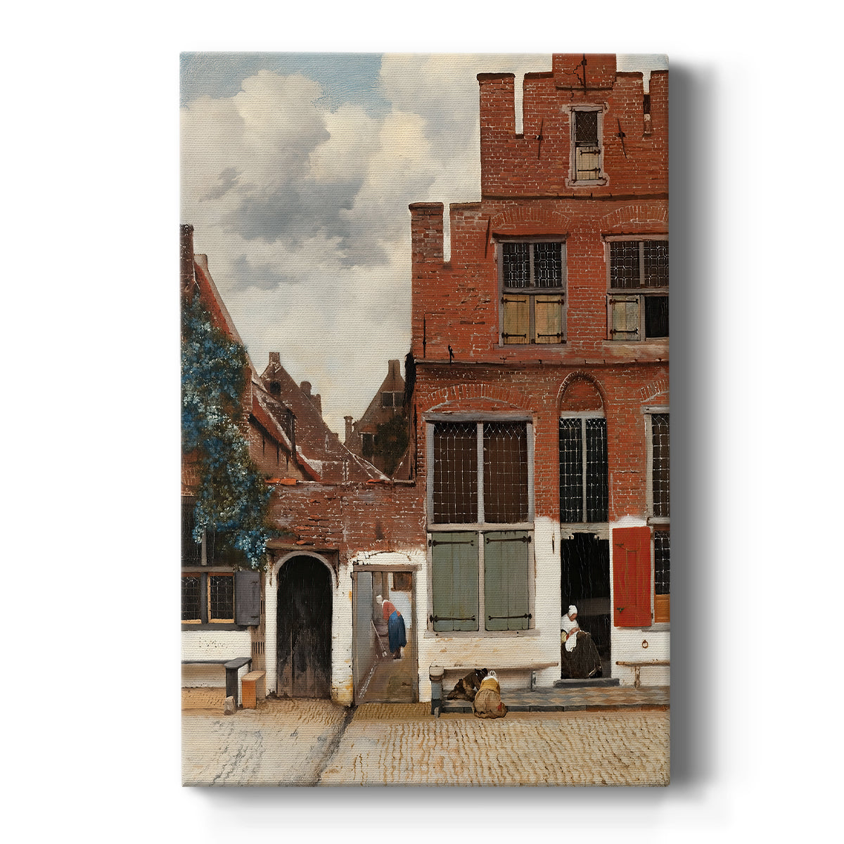 Canvas art print featuring a Baroque street scene of brick houses and figures in a quiet town setting on a clean white background.