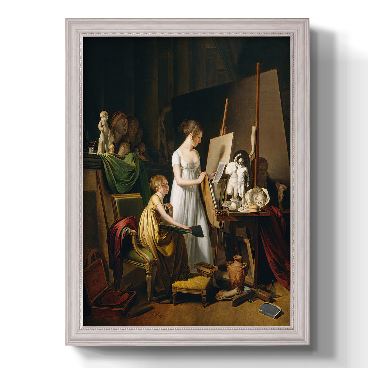 Classical interior painting of an artist at work by Louis-Leopold Boilly printed on canvas in an ornate champagne frame with a vertical orientation.