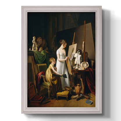 Classical interior painting of an artist at work by Louis-Leopold Boilly printed on canvas in an ornate champagne frame with a vertical orientation.