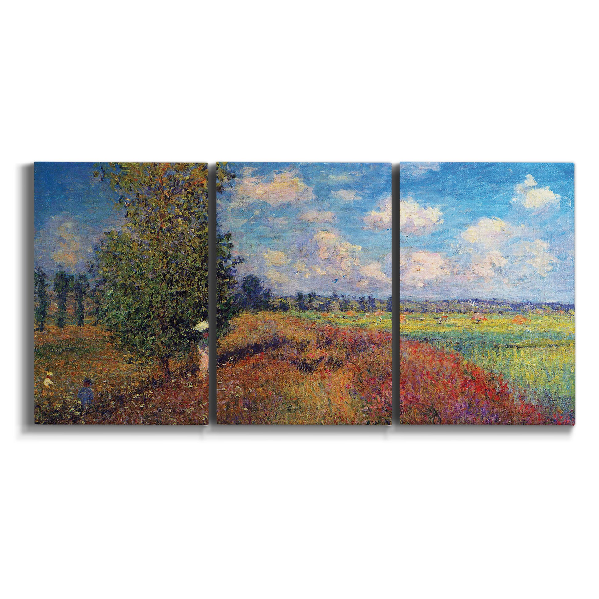 Three-panel canvas wall art featuring summer poppy field in bloom on white background.