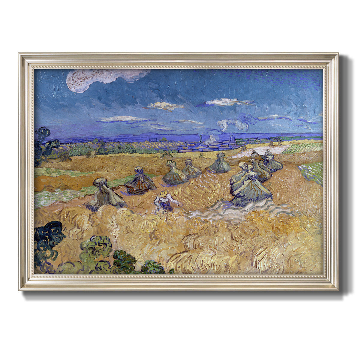 Impressionist wheat harvest scene by Vincent van Gogh printed on canvas in an ornate champagne frame.