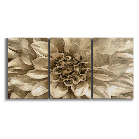 Three-panel canvas wall art featuring monochrome floral linework composition on white background.