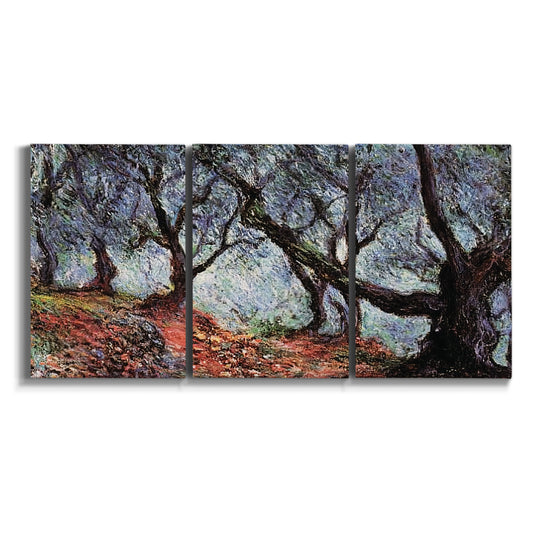 Three-panel canvas wall art featuring pine trees silhouetted at evening on white background.